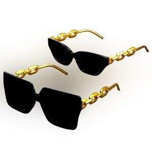 DESIGNER Black & Gold Sunglasses with Golden Tone Chain Link Arms 2 Pair